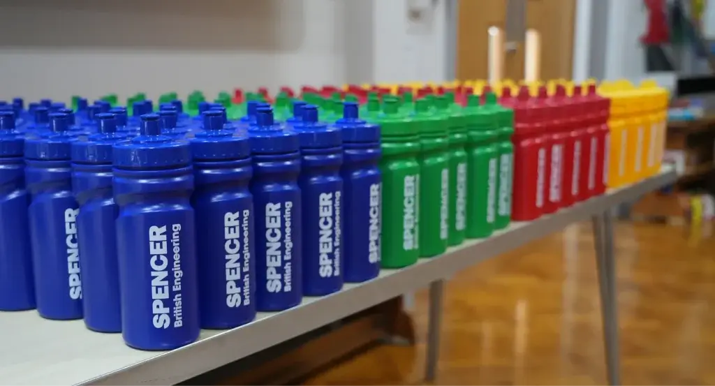 The 200 donated Spencer Group British Engineering water bottles